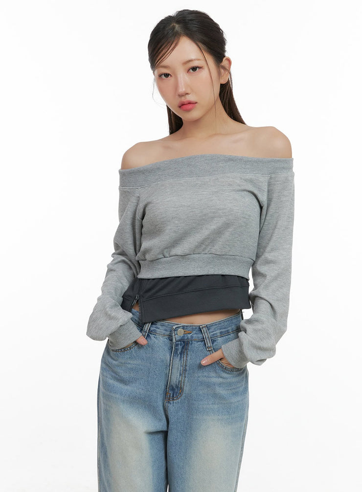 side-zip-cotton-crop-sweatshirt-cs404 / Gray