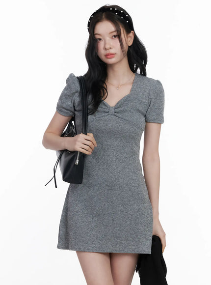 bow-accent-short-sleeve-mini-dress-ca509 / Gray