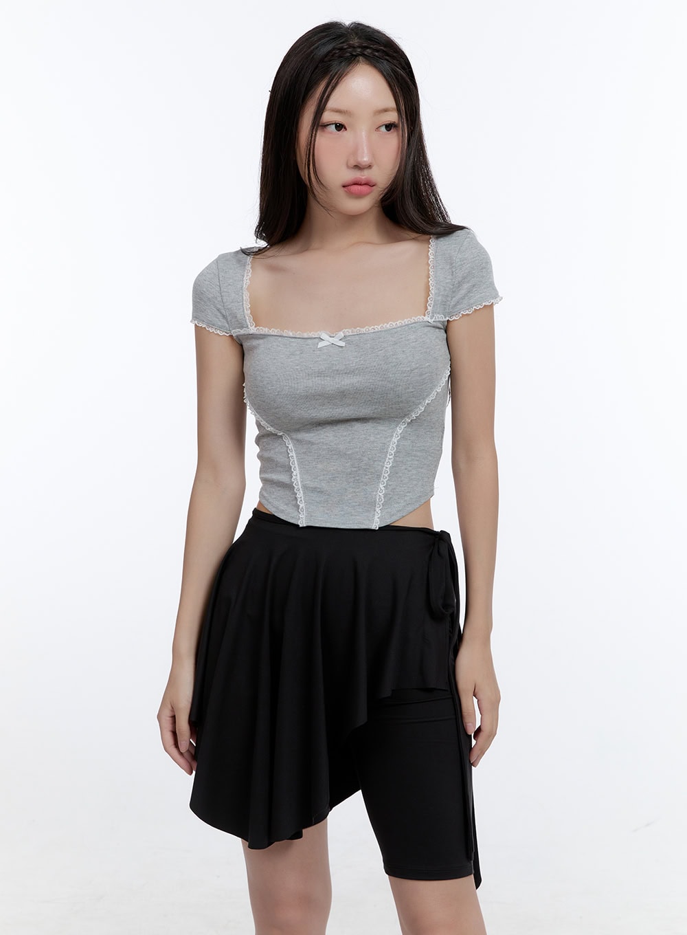 ribbon-square-neck-crop-top-cg413 / Gray