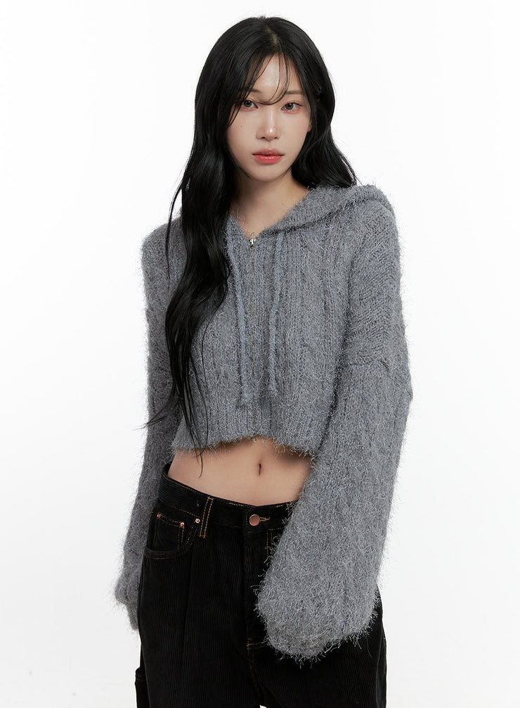 cable-knit-zip-up-hooded-cardigan-cn407 / Gray