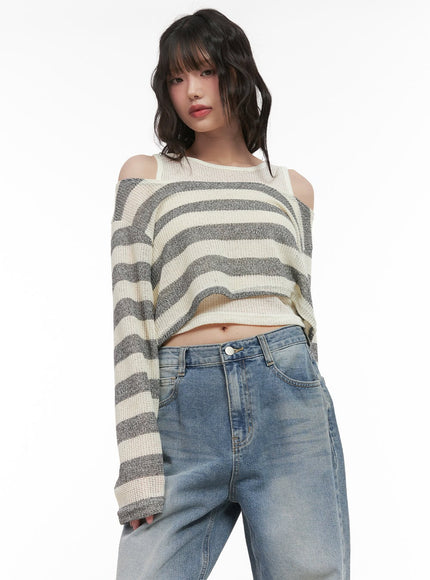 striped-off-shoulder-crop-sweater-with-tank-top-cj523 / Gray