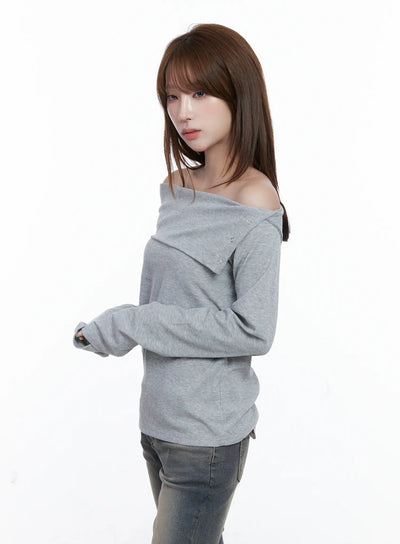 ribbed-off-shoulder-long-sleeve-tee-cg529 / Gray
