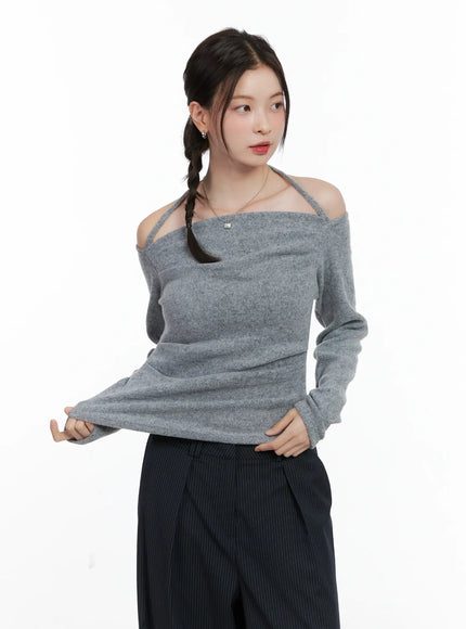two-way-shirred-fleece-off-shoulder-top-cn518 / Gray