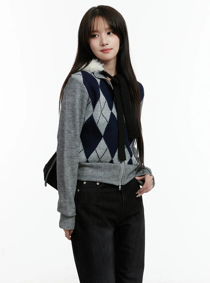 argyle-pattern-knit-zip-up-sweater-cd523 / Gray