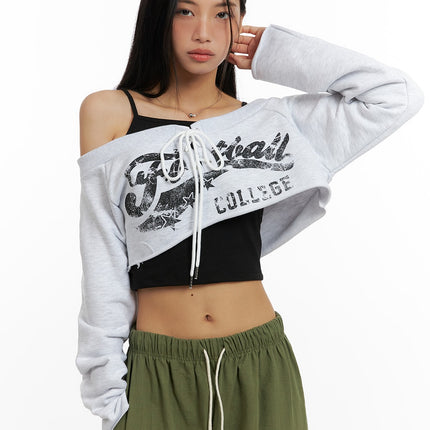 front-tie-off-shoulder-sweatshirt-ca423 / Gray