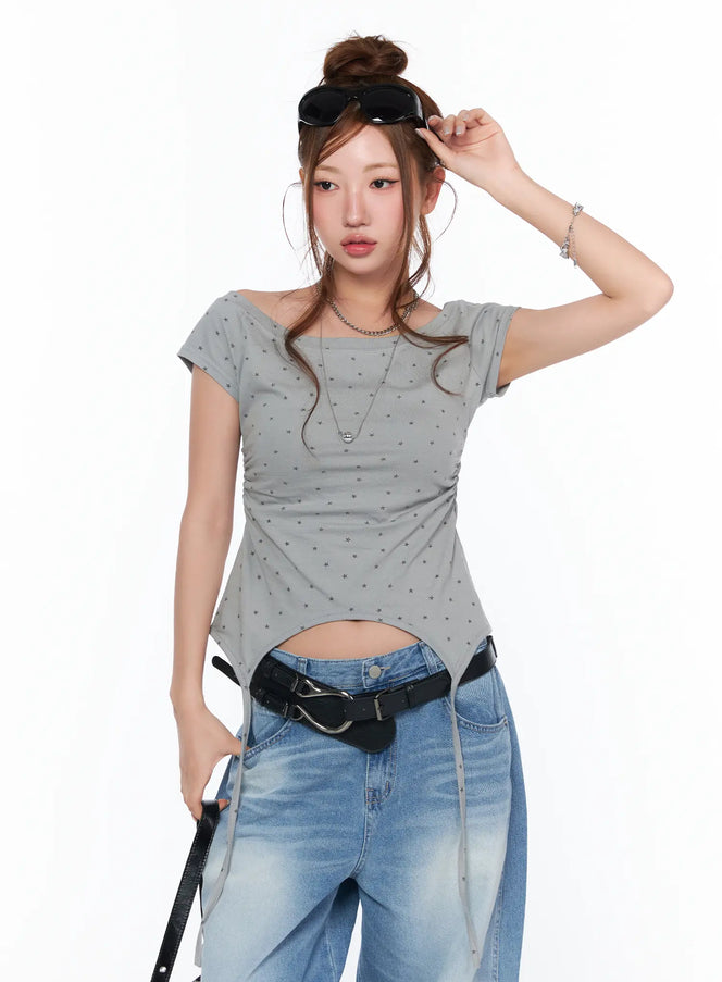 boat-neck-star-print-string-top-ca514 / Gray