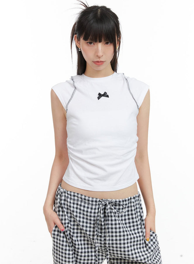 ribbon-stitch-crop-tee-cg408 / Light beige