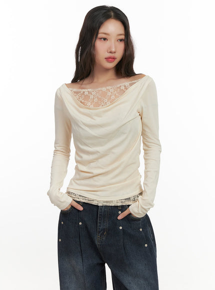 lace-detail-cowl-neck-top-cn426 / Light beige