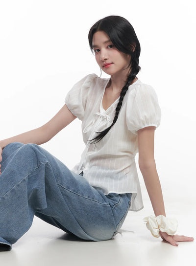 ribbon-short-sleeve-blouse-cu523 / White