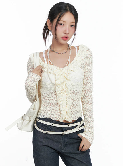lace-ruffle-long-sleeve-top-cs502 / Light beige