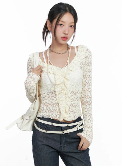 lace-ruffle-long-sleeve-top-cs502 / Light beige