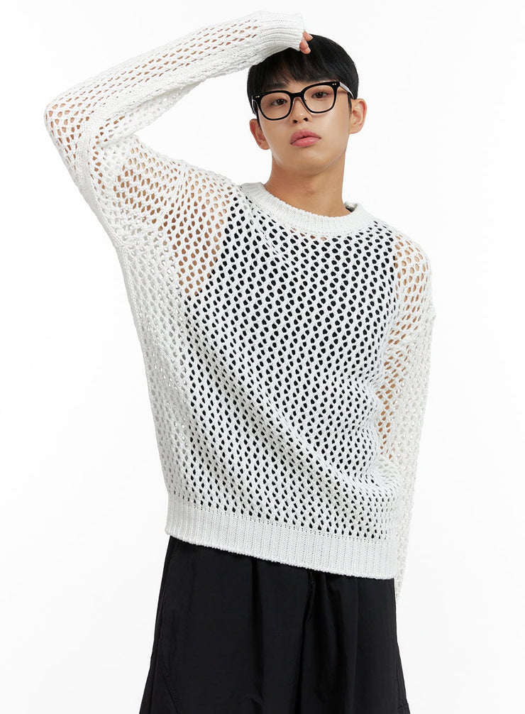 mens-hollow-out-knit-sweater-cl429 / Light beige