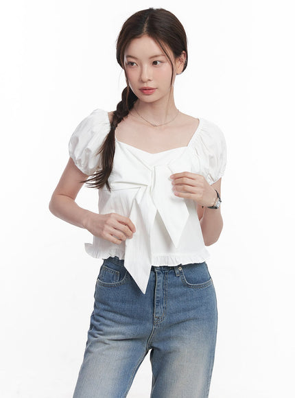 ribbon-frill-square-neck-top-cy515 / Light beige