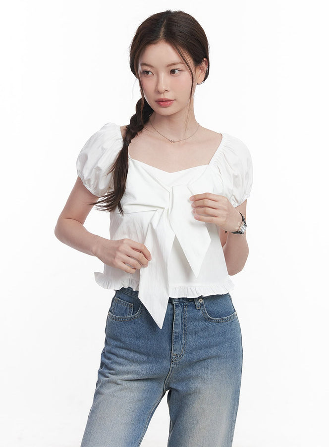 ribbon-frill-square-neck-top-cy515 / Light beige