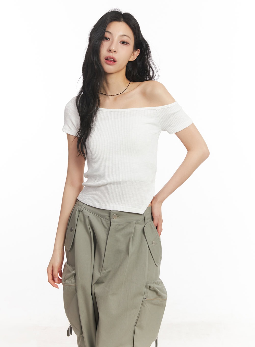 cotton-one-shoulder-crop-top-ca504 / White