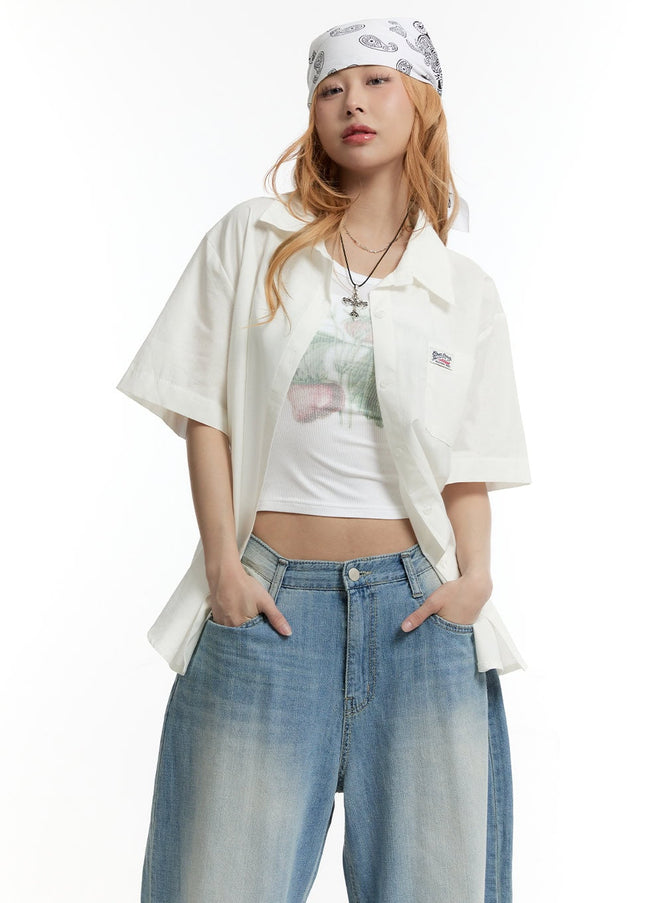 oversized-collared-short-sleeve-shirt-cy505 / Light beige