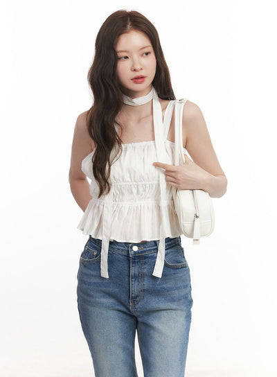 flirty-frill-crop-cami-top-with-scarf-ca501 / White