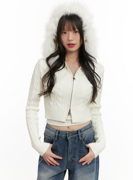 fur-hooded-zip-up-knit-crop-cardigan-cj502 / Light beige