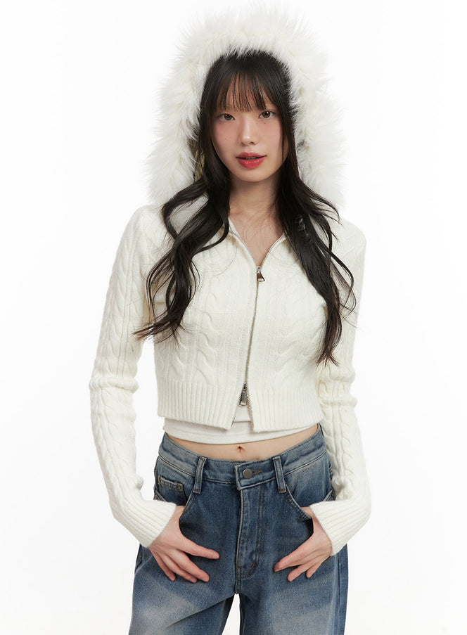 Fur-Hooded Zip-up Knit Crop Cardigan CJ502