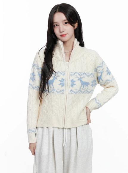 cable-knit-funnel-neck-zip-up-sweater-cs523 / Light beige