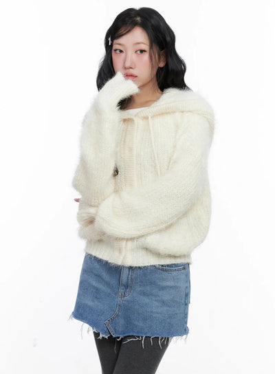 loose-fit-knit-hooded-zip-up-cn514 / Light beige