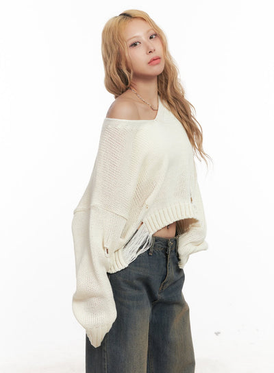 destroyed-oversized-crop-sweater-cm505 / Light beige