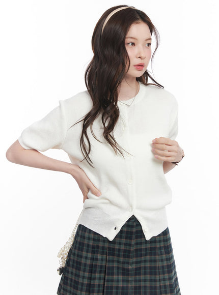 knit-buttoned-short-sleeve-cardigan-cy515 / White