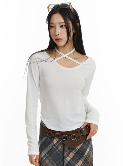 halter-neck-long-sleeve-top-cf401 / Light beige