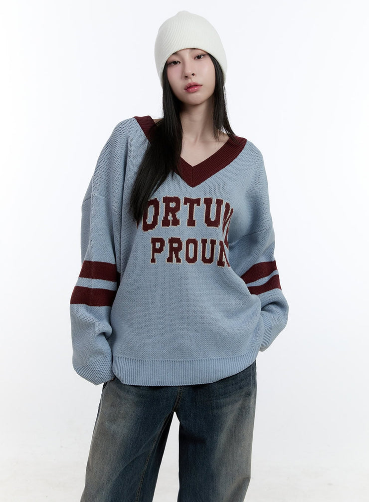 Two-Tone Graphic V-Neck Sweater CJ521