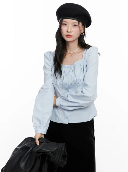 shirred-square-neck-puff-blouse-cn504 / Light blue