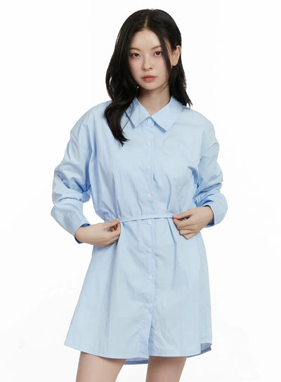 ribbon-waist-shirt-dress-f502 / Light blue