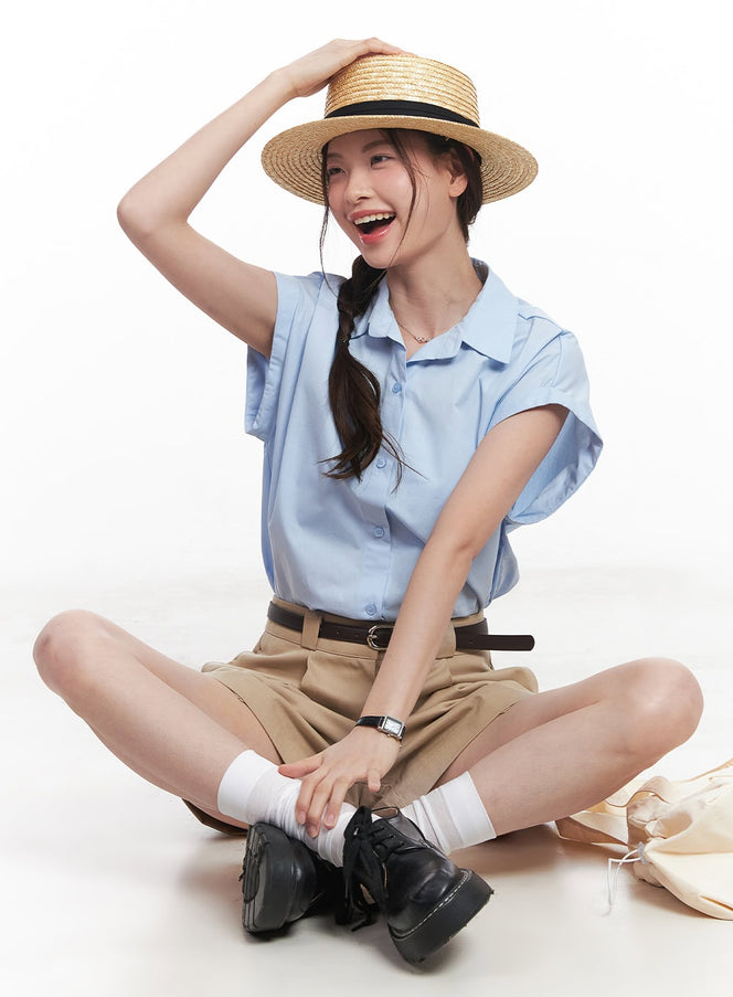cotton-collared-button-top-cy515 / Light blue