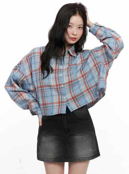 plaid-cropped-button-up-shirt-cn504 / Light blue