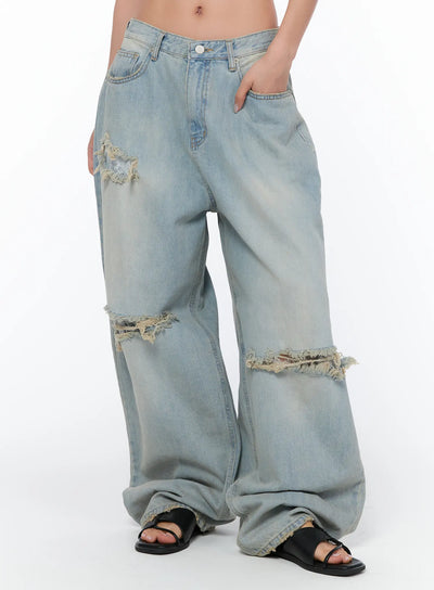 ramona-distressed-lace-detail-wide-leg-jeans-ca515 / Blue