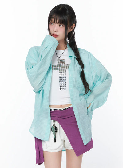 summer-checkered-button-up-shirt-ca528 / Mint