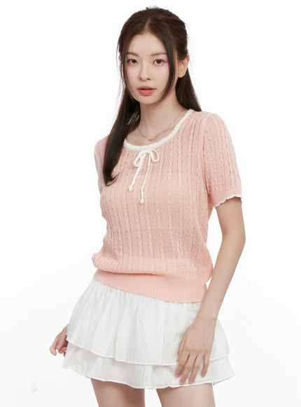 contrast-trim-ribbon-knit-shirt-cl523 / Pink