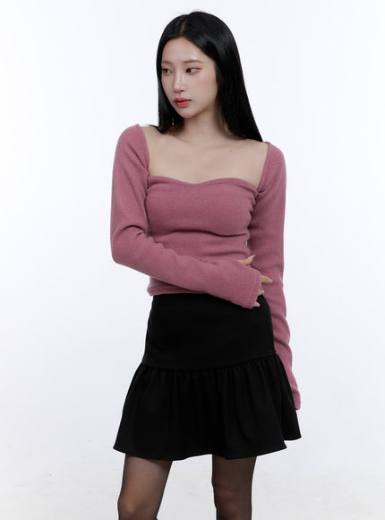 sweetheart-neck-long-sleeve-top-cd419 / Pink