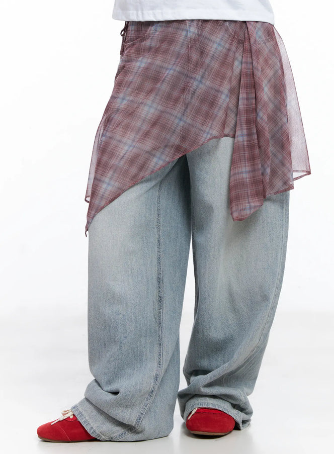 plaid-mesh-layered-wrap-midi-skirt-cl511 / Pink