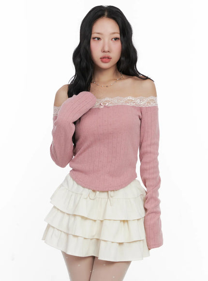 off-shoulder-lace-long-sleeve-top-cn514 / Pink