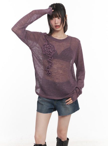 sheer-loose-fit-flower-sweater-cy520 / Purple