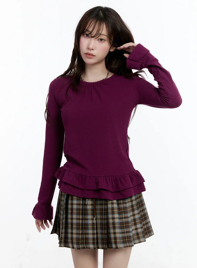 ruffled-frill-hem-u-neck-blouse-cn525 / Purple