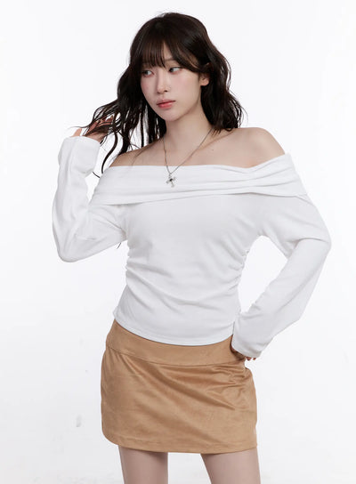 shirred-off-shoulder-long-sleeve-top-co501 / White