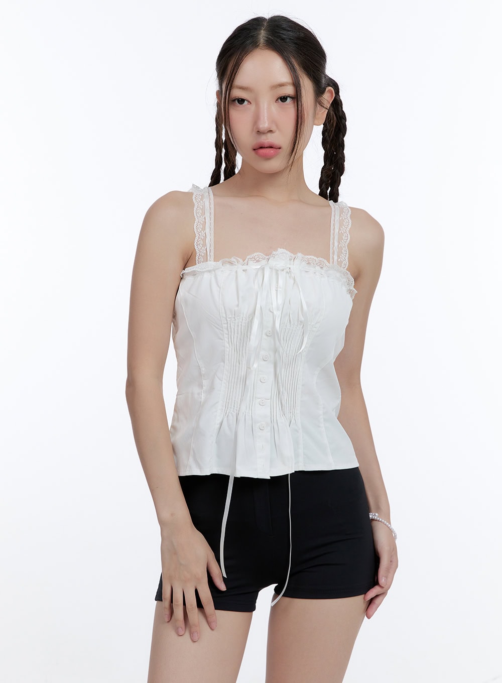 ribbon-laced-cotton-sleeveless-top-cg414 / White