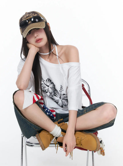 off-shoulder-floral-print-tee-ca530 / White