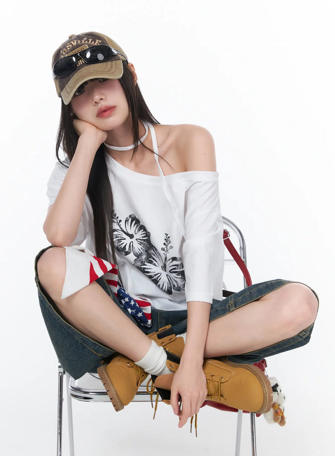 off-shoulder-floral-print-tee-ca530 / White