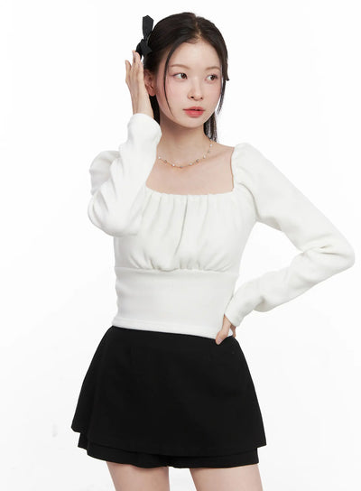 square-neck-shirred-long-sleeve-top-cn504 / White