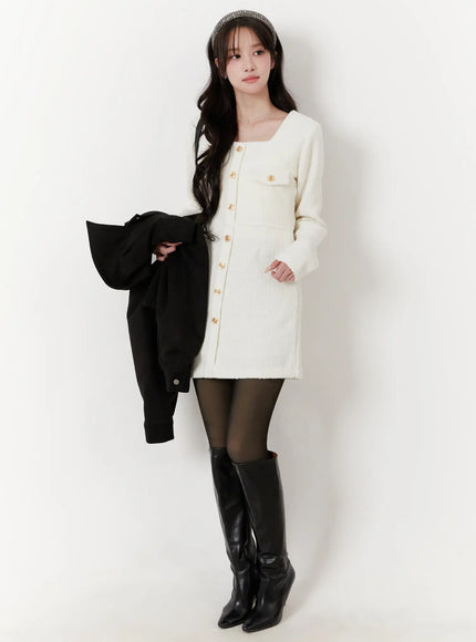 tweed-button-up-mini-dress-cd523 / White
