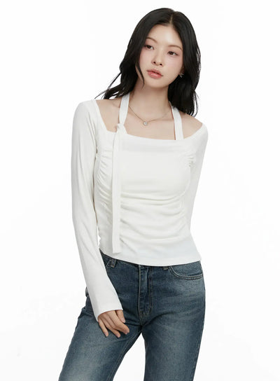 chic-shirred-halter-long-sleeve-top-f502 / White