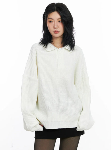 oversized-knit-polo-sweater-cj523 / White
