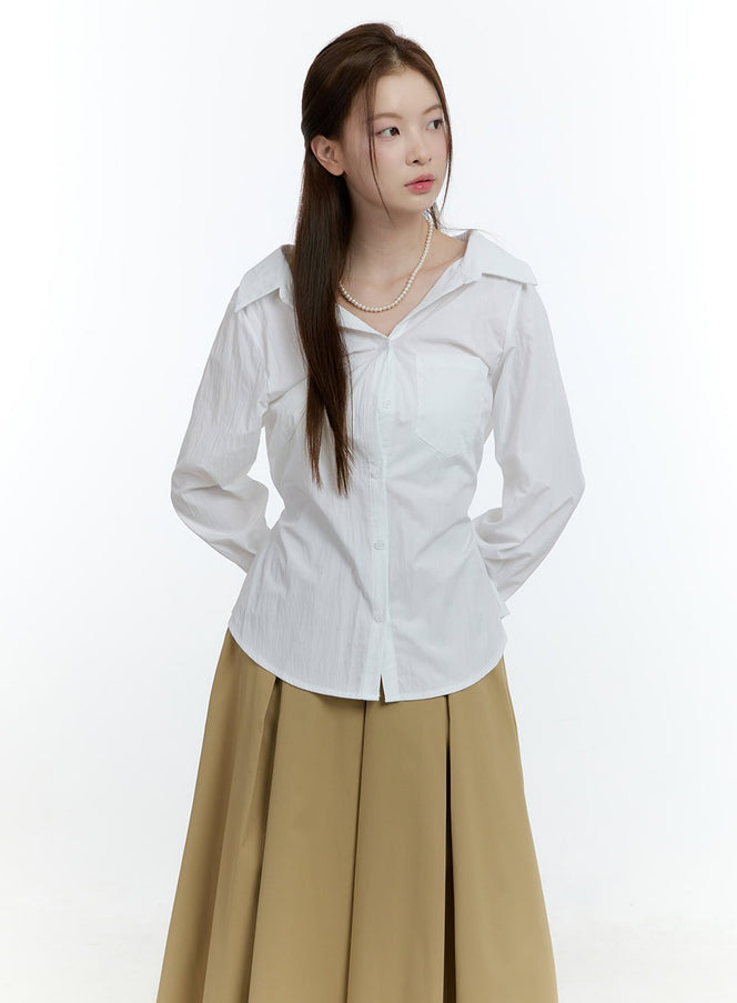 Ribbon-Tie Collared Button-Up CF503